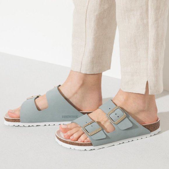 Birkenstock Shoes - Birkenstock Arizona Sky Nubuck Womens Sandals Big Buckle Light Blue Gold Slides